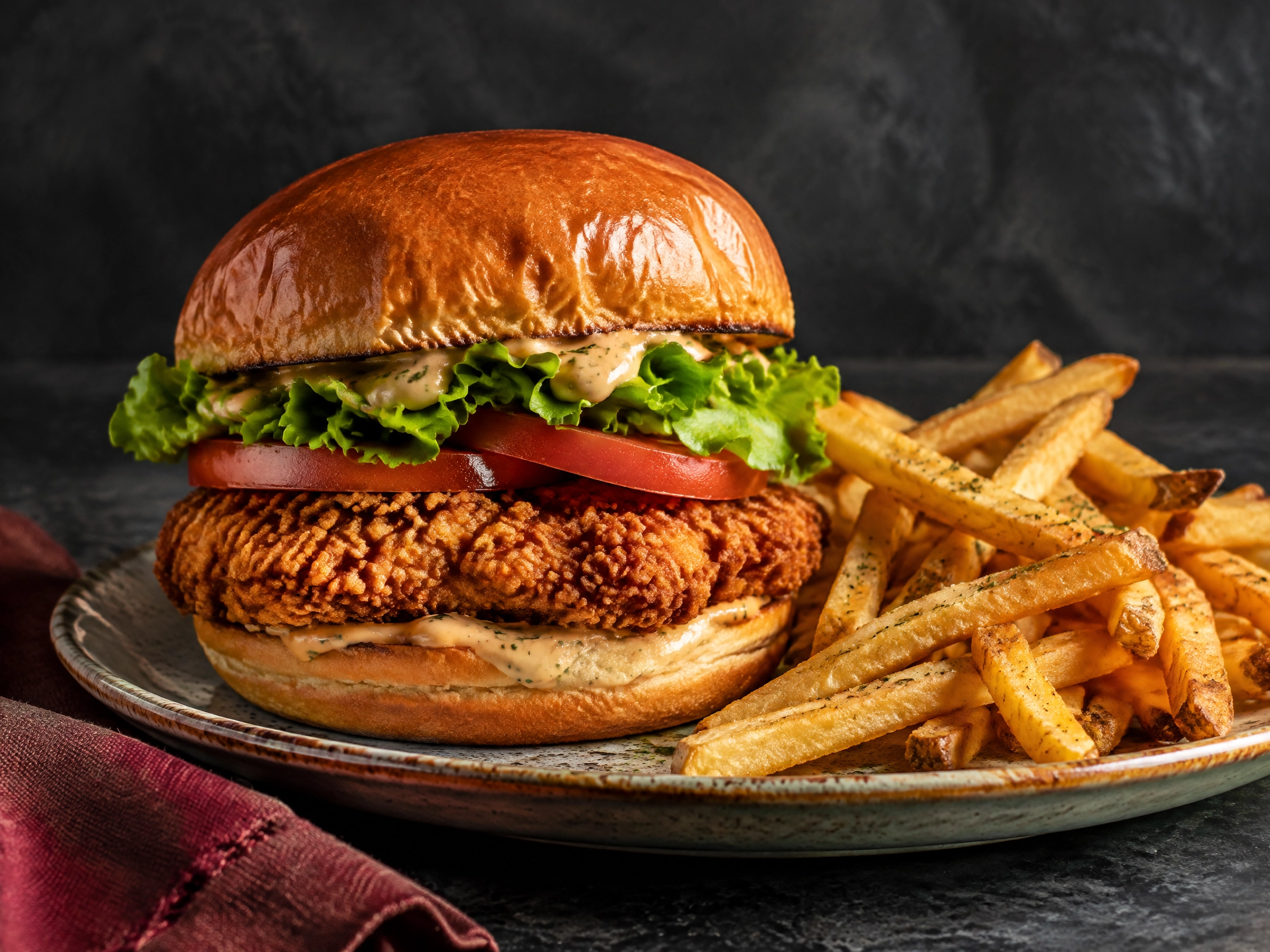 Fresh chicken burger and fries